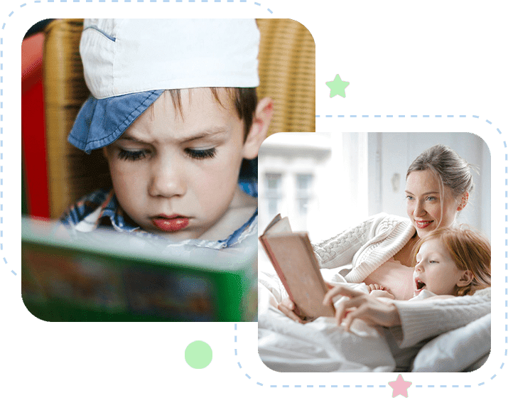 A child reading a book and a woman holding a baby.