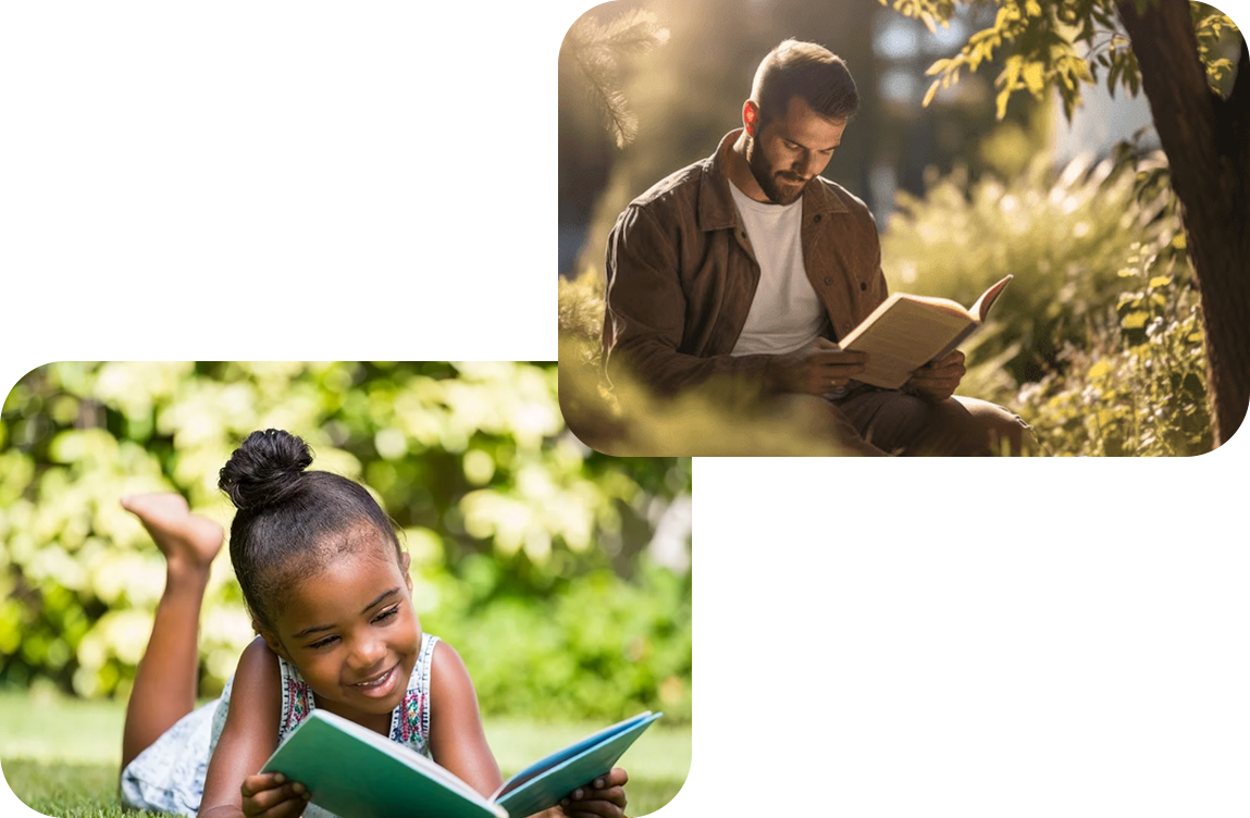A young girl and an adult reading books.